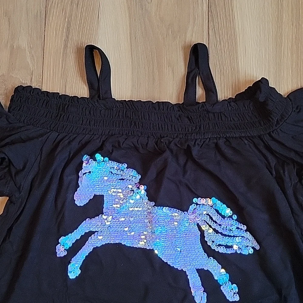 NWT rumi + ryder Girls Black Open Shoulder Black Unicorn Dress Size 8/10…